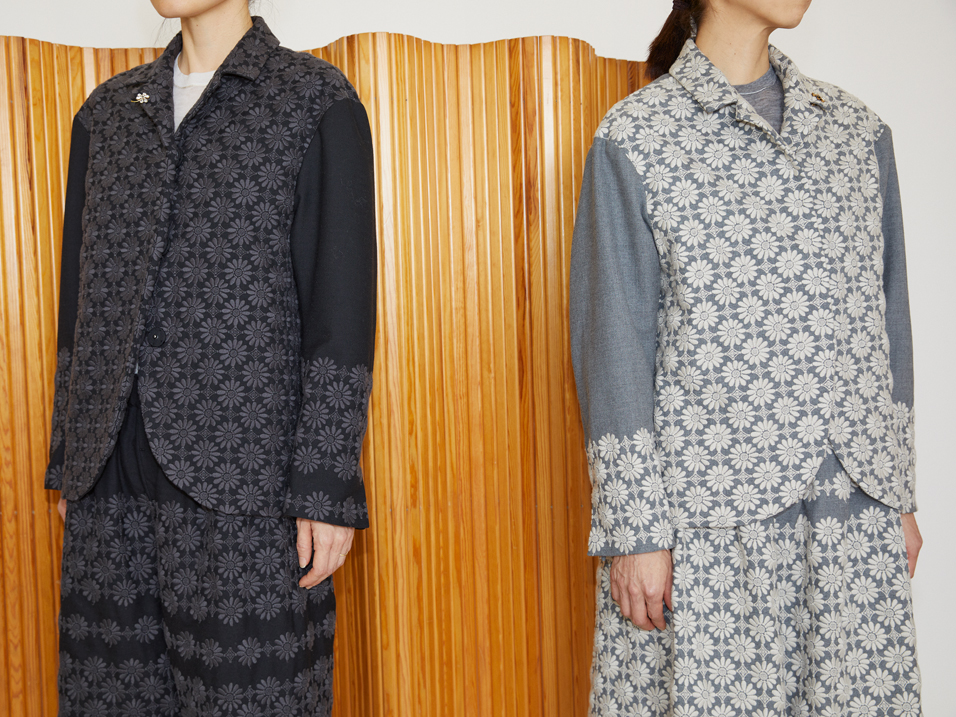 Left Jacket: EJ219 Black, Inner Knitted Tops: FC436 Ivory, Trousers: EP218 Black, Brooch: AC95Z Crystal, Right Jacket: EJ219 Light Grey, Inner Knitted Tops: FC436 Mix Grey, Skirt: ES217 Light Grey