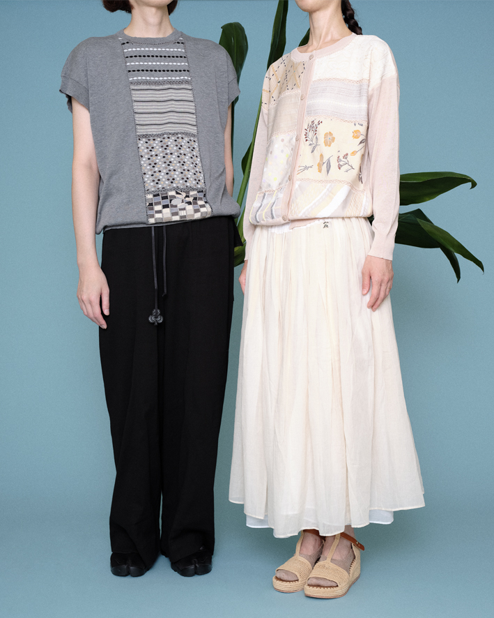 Left Knitted Tops: FK155 Grey, Pants: KP263 Black, Right Cardigan: FK156 Ivory, Skirt: LS104 Ivory, Socks: HA-22AS Beige